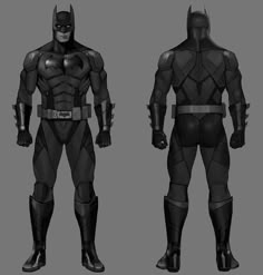 the batman costume is shown in three different angles, including black and grey colors with silver accents