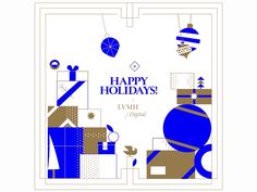 a blue and white holiday card with the words happy holidays