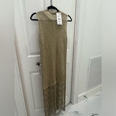 Zara Gold Lurex Chrochet Dress With Long Fringe. Size Medium Can Also Be A Coverup. Has A Little Stretch. New With Tags Bought In London. Chic Zara Dress For Beach Cover-up, Zara Sleeveless Dress For Beach Cover-up, Zara Chic Crochet V-neck Dress, Zara V-neck Sequin Dress, Zara V-neck Crochet Beach Dress, Zara Gold, Long Fringes, Zara Dresses, Cover Up