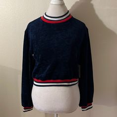 J.O.A. Womens. Varsity Stripe Pullover Navy Corduroy Knit Sweater Size M Be Extra Comfy In Our Vintage Corded Velvet Navy With Red And White Stripe. 75%Polyester 25%Rayon Lining: 100%Polyester Hand Wash, Call Junot Bleach Made In China Navy Winter Top With Ribbed Collar, Blue Cropped Sweater With Ribbed Cuffs For Fall, Blue Ribbed Long Sleeve Cropped Sweater, Blue Cotton Cropped Sweater For Winter, Blue Ribbed Cropped Sweater For Fall, Blue Top With Ribbed Collar For Winter, Navy Long Sleeve Ribbed Sweater, Fall Blue Ribbed Cropped Sweater, Blue Ribbed Collar Top For Fall