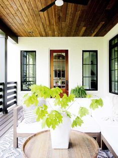 a white couch sitting on top of a wooden floor next to a table with a potted plant