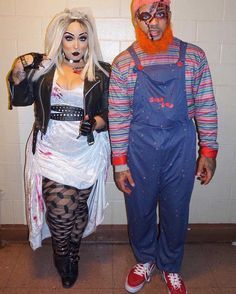 two people dressed up as zombies and clowns, one is wearing an orange wig