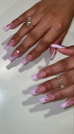 Long Square Design Nails, Purple French Tip Nails Acrylic Long, French Nails Ideas Purple, Long French Tip Nails With Glitter, Lavender Acrylic Nails French Tip, Long French Tip With Design, French Tips With Purple Design, Acrylic Nails Ideas Lavender, Lavender Nails With French Tip