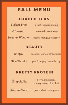 an orange and brown menu with the words fall menu in different font styles on it