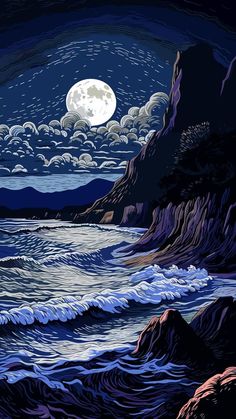 the full moon shines brightly in the sky over the ocean and mountains as waves crash on the shore