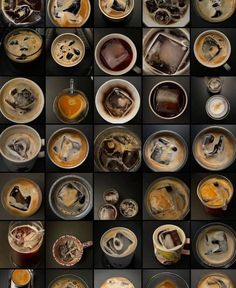 many different cups and saucers filled with liquid