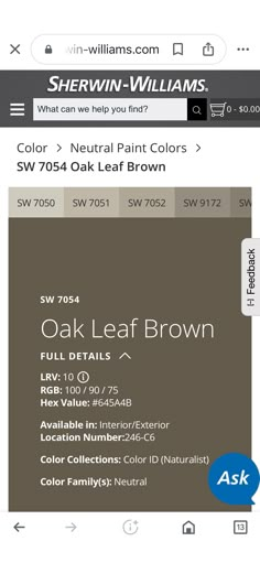 the color code for oak leaf brown is shown