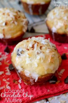 coconut chocolate chip muffins on a red napkin