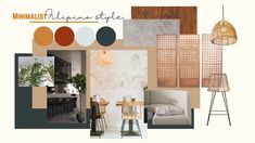 an interior design board with different colors and furniture in the background, including chairs, tables,