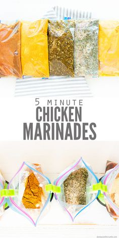 five bags of chicken marinades are lined up in front of each other with the words 5 minute chicken marinades