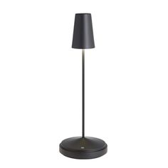 a black floor lamp with a white light on the base and a grey shade over it