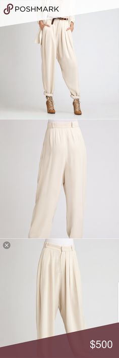 Chloe Silk Slouch Cady Pants Cuffed Silk Slouch Pants. Chloe Pants Trousers Elegant Cream Ankle-length Pants, Elegant Cream Ankle-length Bottoms, Chic Cream Tapered Leg Bottoms, Chic Cream Ankle-length Bottoms, Chic Cream Tapered Leg Pants, Elegant Cream High-waisted Pants, Cream Pants With Elastic Waistband For Work, Cream Workwear Pants With Elastic Waistband, Elegant Tapered Leg Pants With Elastic Waistband