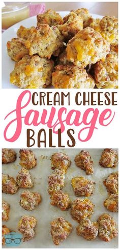 some food that is on top of a plate and in front of the words cream cheese sausage balls