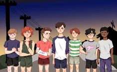 a group of young men standing next to each other in front of power lines at night