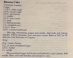 the recipe for banana cake is shown in an open book with instructions on how to make it