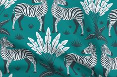 a green and white zebra print fabric with leaves on the bottom, in an allover pattern