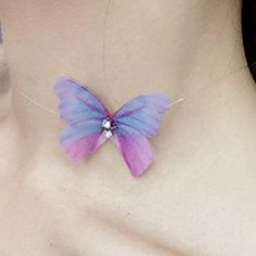 Nearly INVISIBLE necklace except for the butterfly detail. Gives the illusion that a butterfly has landed on your neck. ADORABLE. Butterfly Charm Necklace For Party, Invisible Necklace, Fabric Earrings, Necklace Purple, Purple Butterfly, Butterfly Necklace, The Butterfly, A Butterfly, Dress Ideas