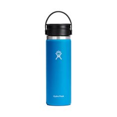 the hydro flask water bottle is blue and has a black lid with a white logo on it