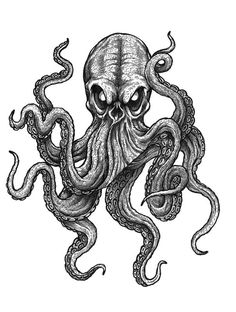 an octopus is shown in this black and white ink art drawing by artist mark stewart