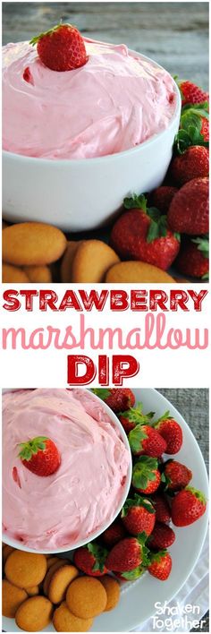 strawberry marshmallow dip in a white bowl with strawberries on top