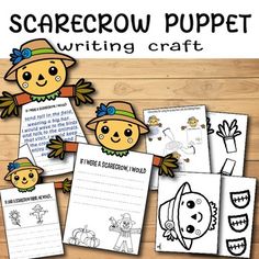 the scarecrow puppet writing craft is shown with four different pictures and text on it