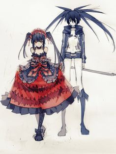 two anime characters standing next to each other in front of a white background with blue and red hair