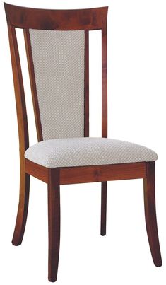 a wooden chair with fabric upholstered back and seat padding on the side