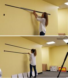 two pictures of a woman hanging on the wall with a pole in front of her