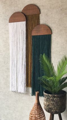 two wall hangings with different colors and designs on the wall next to a potted plant