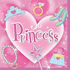 a pink princess themed birthday card with tiara, shoes and rings on it's heart