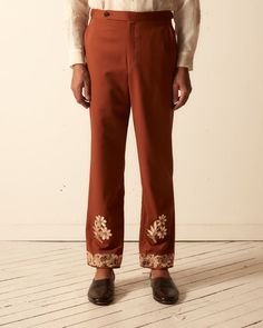 Formal Orange Trousers, Fitted Embroidered Straight Pants, Fitted Floral Embroidery Pants For Fall, Traditional Fitted Bottoms For Work, Fitted Straight Leg Pants With Floral Embroidery, Embroidered Wide Leg Workwear Bottoms, Fitted Embroidered Pants For Workwear, Embroidered Fitted Pants For Workwear, Fall Embroidered Fitted Pants