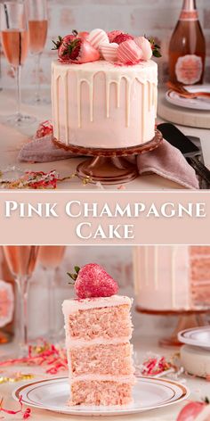 pink champagne cake with white chocolate drip and strawberries on cake stand and sliced on plate. Strawberry Champagne Wedding Cake, Champagne And Strawberry Cake, Pink Champagne Cake Design, Berry Champagne Cake, Strawberry Champagne Cake Recipe, Strawberry Champagne Pound Cake, Valentine’s Day Cake Flavors, Look At You Turning 20 Twice Cake, Strawberry Genoise Cake