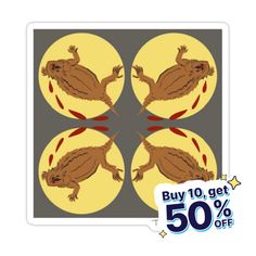 a sticker with an image of a dog on it's back, and the words buy 10 get 50 % off