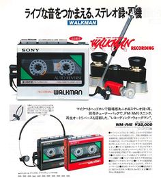 an advertisement for a walkman radio with headphones and other electronic equipment on it