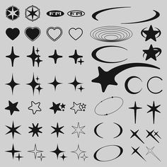 a collection of different shapes and sizes of stars on a gray background with black ink