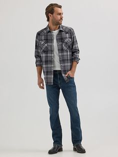 A SLIMMED-DOWN CLASSIC Designed to go with everything in your closet, our Men's Slim Fit Bootcut Jean provides the perfect mix of comfort and style. Better than classic, these bootcut jeans are crafted from a comfortable cotton blend with just a hint of stretch for added flexibility. They come with the signature five-pocket styling, "W" embroidery, a slim fit through the thigh, and a bootcut leg opening that looks great with any shoe. Bootcut Jeans Outfit, Levi Bootcut Jeans, Character Fashion, Jeans Shoes, Bootcut Jean, Mens Cowboy Boots, Wrangler Jeans, Shoes With Jeans, Slim Fit Men