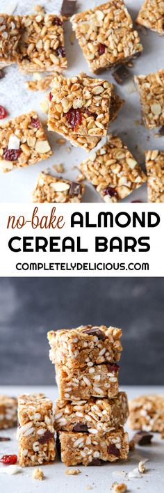 no - bake almond cereal bars stacked on top of each other with text overlay