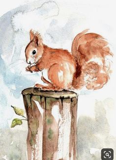 a watercolor painting of a squirrel sitting on top of a wooden post with leaves