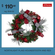 Use: IndoorMeasurements: 25 Height/Inches, 25 Width/Inches, 25 Depth/InchesDiameter: 25 InchWeight (lb.): 3 LbBase Material: 100% PlasticCare: Spot CleanDecor Styles: TraditionalCountry of Origin: Imported Indoor Christmas Wreath, Pre Lit Christmas Wreaths, Buffalo Plaid Ribbon, Wreaths Christmas, Indoor Christmas, Unique Tables, The Hustle, White Houndstooth, Red Berries