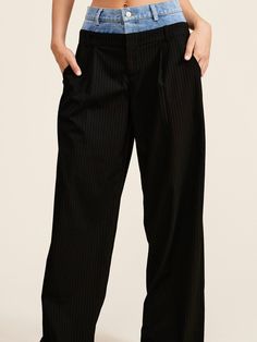 These trouser pants are designed with a unique Peek-a-boo denim wash waistband that adds a playful twist to the sophisticated pinstripe pattern. Complete with functioning front pockets and belt loops on both the denim and pants, they seamlessly blend style and practicality. Casual style. European design. Boho look. Button front closure. Side pockets. Wide leg. Pleaded front leg details. 100% Cotton (blue jeans and 69% polyester, 29% rayon and 2% spandex blend fabric. Color may be lighter or darker depending of the device it is displayed. Pinstripe Bottoms With Pockets For Formal Occasions, Pinstripe Bottoms With Pockets For Work, Pinstripe Wide-leg Pants With Pockets, Pinstripe Bottoms With Welt Pockets For Work, Pinstripe Formal Bottoms With Pockets, Pinstripe Wide Leg Pants With Belt Loops, Pinstripe Wide Leg Pants With Pockets, Pinstripe Straight Leg Pants With Welt Pockets, Pinstripe Workwear Pants With Belt Loops