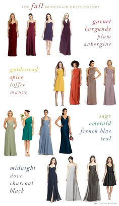 different types of bridesmaid dresses are shown in this poster, with the names and colors