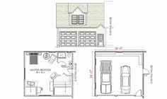 the floor plan for a two car garage with an attached living area and one bedroom