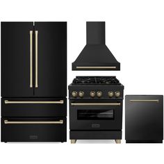 an oven, stove and refrigerator are shown in this black kitchen set with gold trimmings