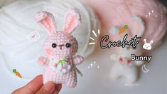 a crocheted bunny holding a carrot next to a ball of yarn with the caption'crochet bunny '