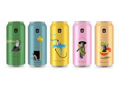 four different types of soda cans on a white background, each with an image of a cat