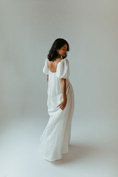 Fitted Wedding Dress With Gathered Neckline, White Bohemian Dress With Gathered Sleeves, Elegant Dresses With Gathered Sleeves For Gatherings, Ethereal White Bridesmaid Dress, White Feminine Maxi Dress With Ruched Bodice, Elegant Fitted Maxi Dress For Gatherings, Feminine White Maxi Dress With Ruched Bodice, Puff Sleeve Maxi Dress With Gathered Sleeves For Wedding, Feminine Wedding Dress With Gathered Sleeves