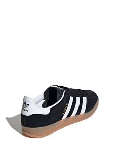 Gazelle Indoor sneaker by ADIDAS in black suede with white leather bands and brown rubber tongue and sole. This item is in size 7½ and the color is Sporty Slip-on Sneakers With Contrasting Heel, Sporty Slip-on Sneakers With Contrasting Heel Counter, Black Leather Skate Shoes With Contrasting Heel, Black Leather Skate Shoes With Contrasting Heel Counter, Black Suede High-top Sneakers With Vulcanized Sole, Adidas Low-top Skate Shoes With Contrast Sole, Classic Suede Skate Shoes With White Sole, Adidas Classic Custom Sneakers With Gum Sole, Classic Black Sneakers With Contrasting Heel Counter