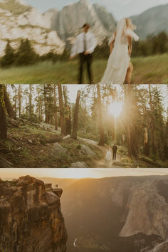 two pictures, one showing a bride and groom walking in the mountains while the other shows their wedding dress