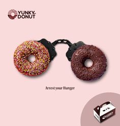 two donuts with chocolate frosting and sprinkles are shown in this ad