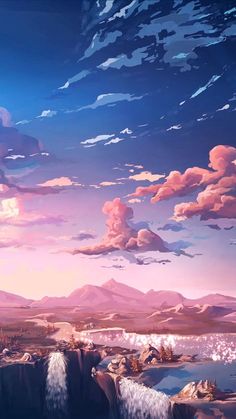 an anime scene with mountains and clouds in the sky